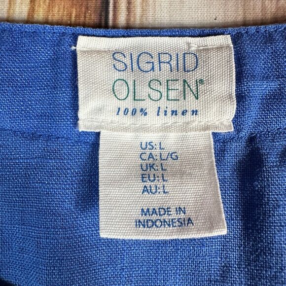 Sigrid Olsen Sz Large Blue V Neck Sleeveless 100% Linen Sheath Shift Midi Dress - Picture 6 of 7